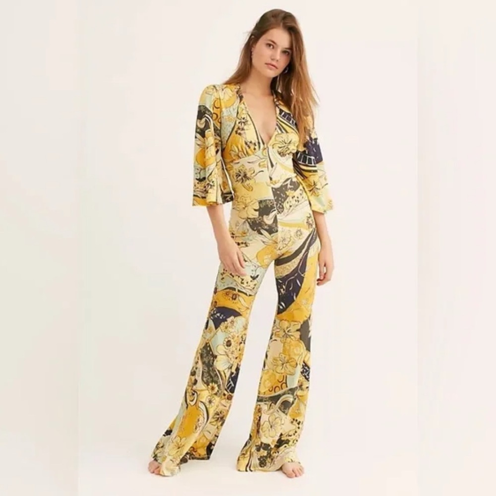 Free People Night Fever Stunning Flared Jumpsuit, Deep V Neck, Rare, Sz XS